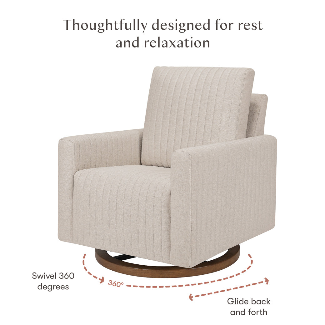 Swivel and glide features of Babyletto Poe Channeled Swivel Glider in -- Color_Performance Beach Eco-Weave with Dark Wood Base