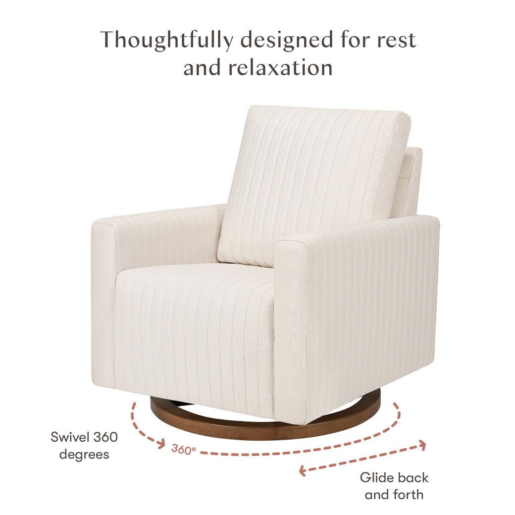 Glide and swivel features of Babyletto Poe Channeled Swivel Glider in -- Color_Performance Cream Eco-Weave with Dark Wood Base