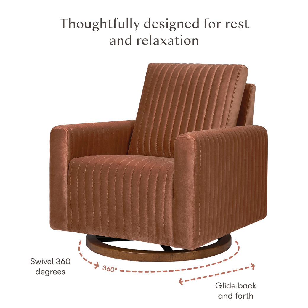 Swivel and glide features of Babyletto Poe Channeled Swivel Glider in -- Color_Rust Velvet with Dark Wood Base