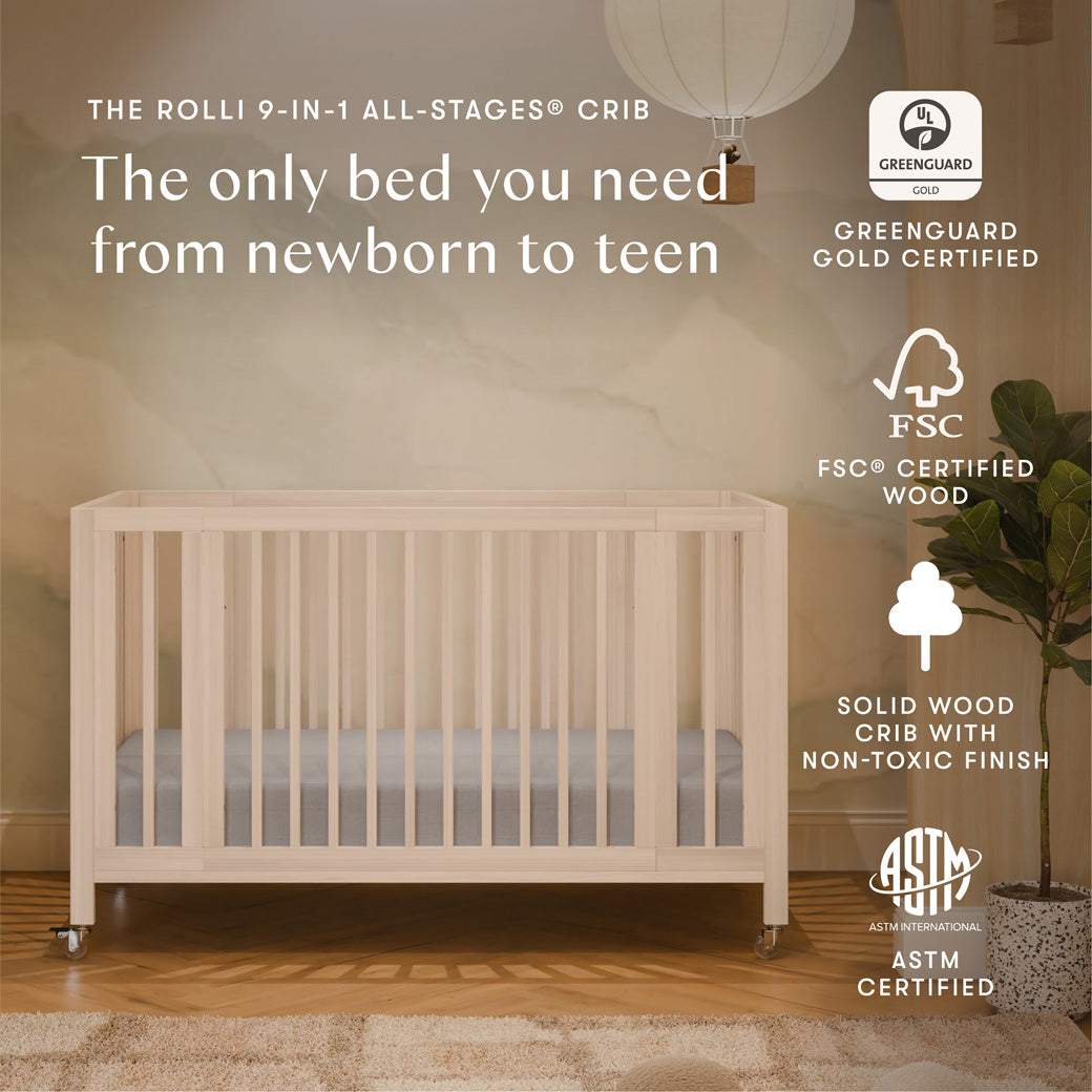 Rolli 9-in-1 Convertible All-Stages Crib with Bassinet & Toddler Bed Conversion Kits