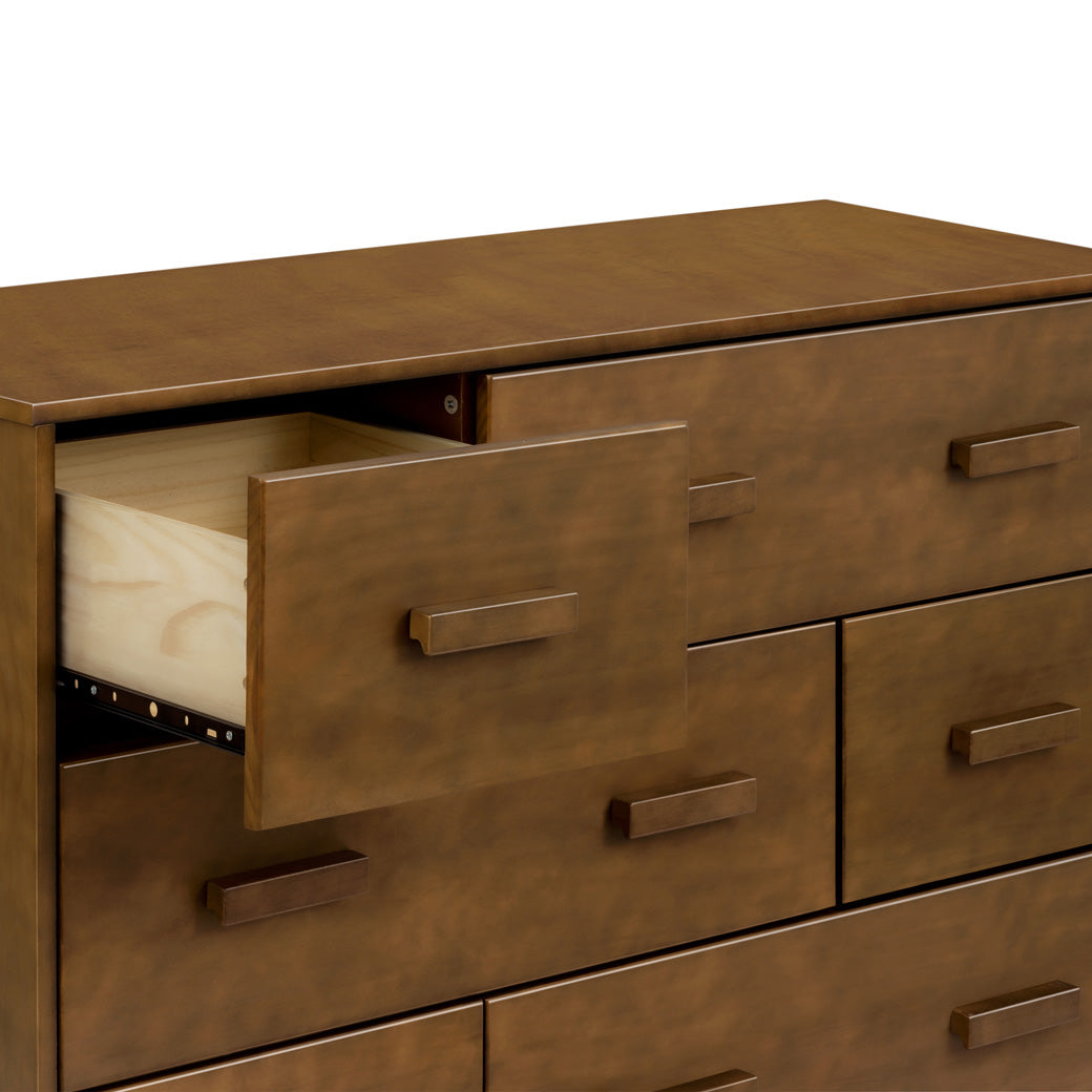 Babyletto Scoot 6-Drawer Dresser with left drawer open in -- Color_Natural Walnut