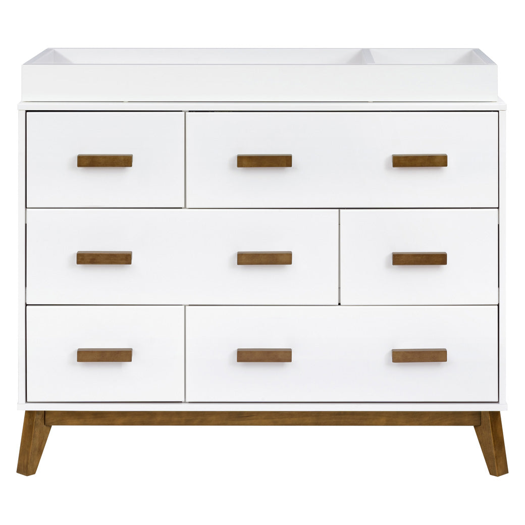 Front view of Babyletto Scoot 6-Drawer Dresser with a changing tray in -- Color_White / Natural Walnut