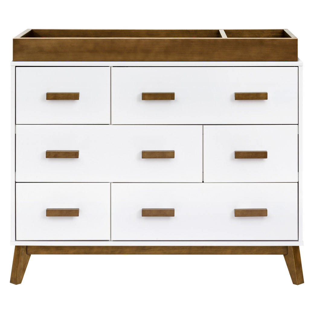 Front view of Babyletto Scoot 6-Drawer Dresser with walnut changing tray in -- Color_White / Natural Walnut