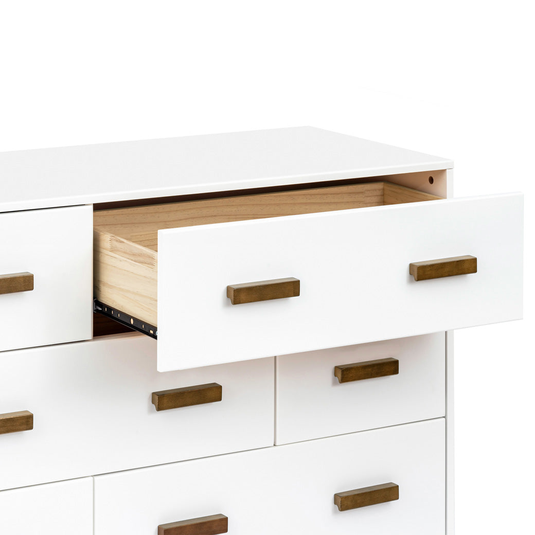 Babyletto Scoot 6-Drawer Dresser with right drawer open in -- Color_White / Natural Walnut