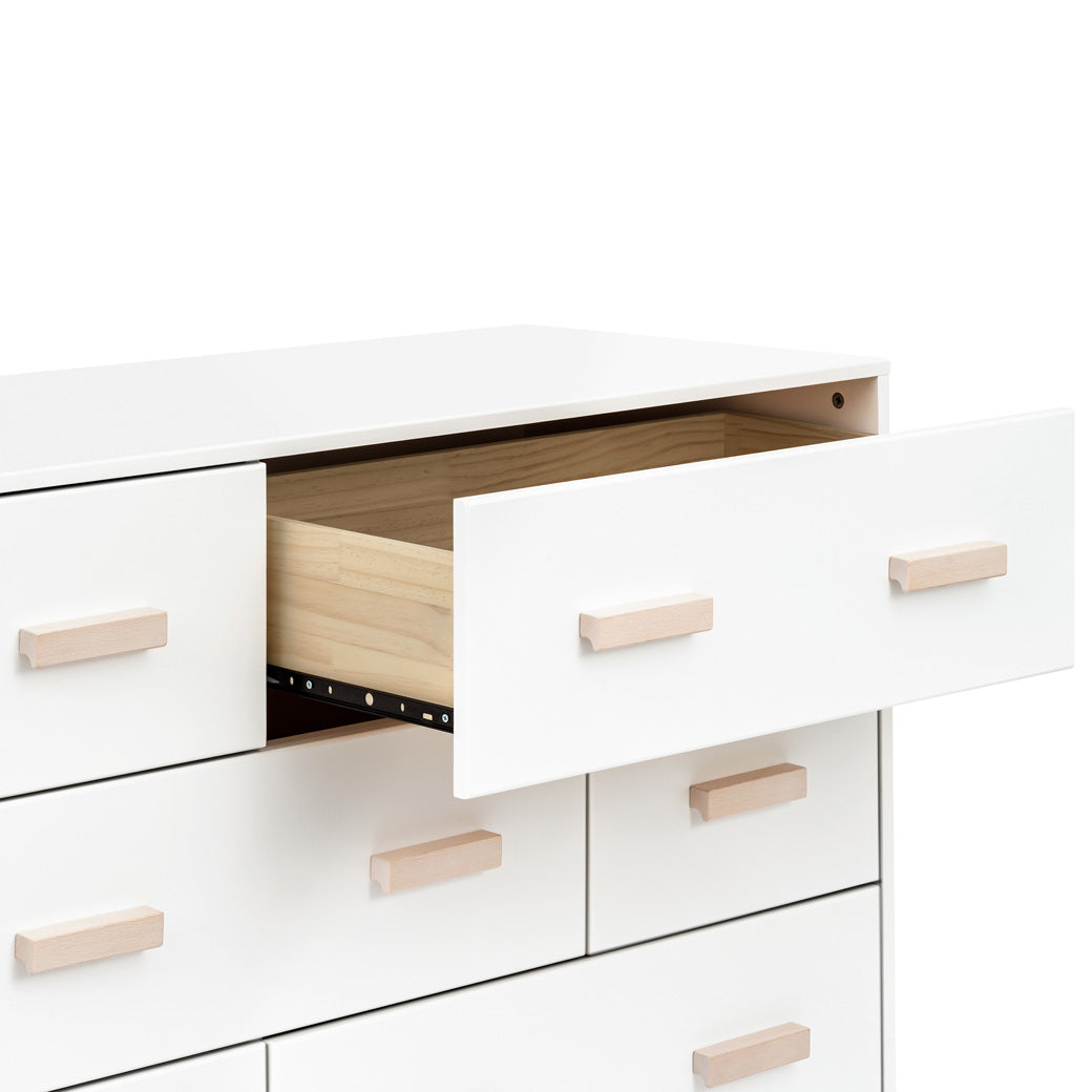 Babyletto Scoot 6-Drawer Dresser with right drawer open in -- Color_White / Washed Natural