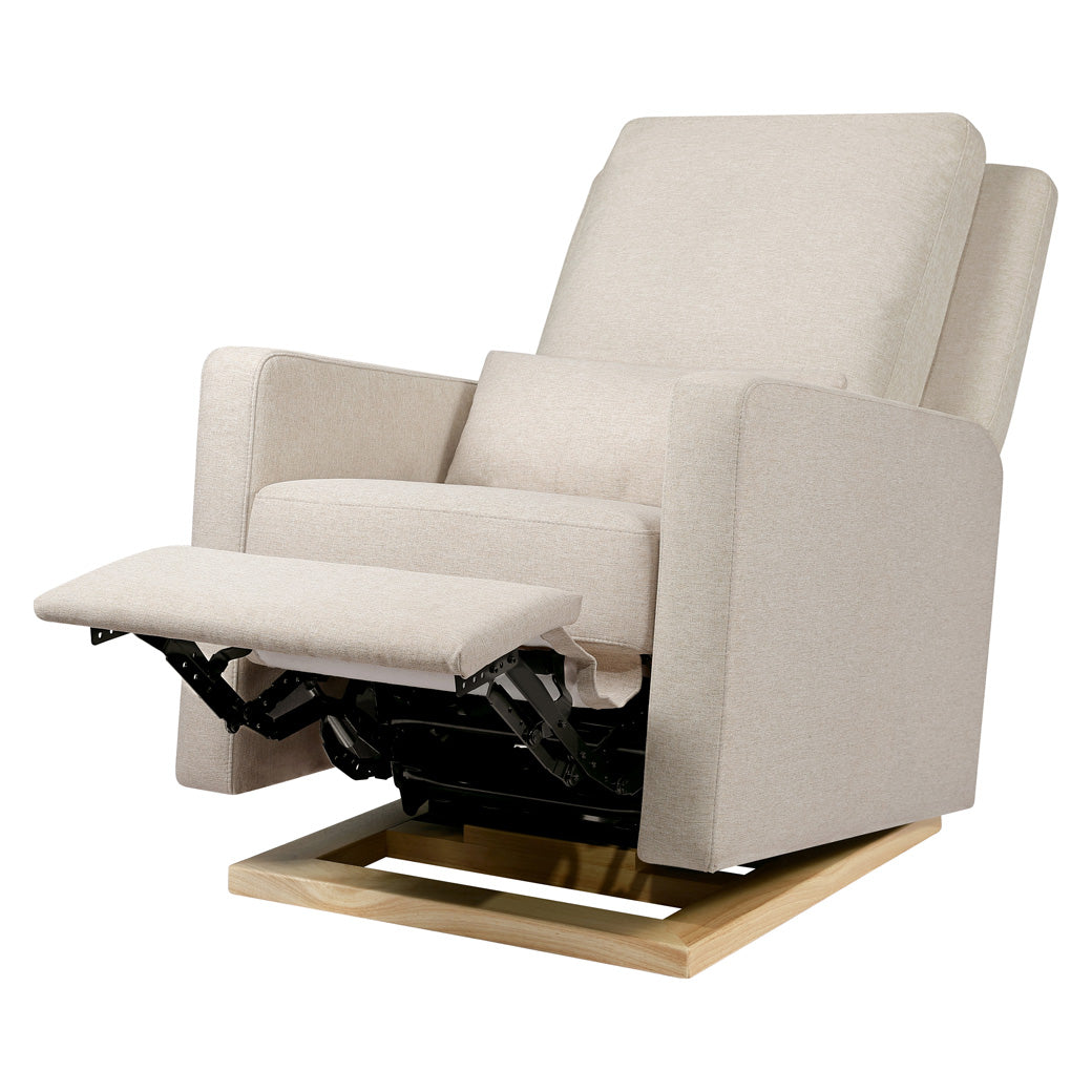 Babyletto Sigi Glider Recliner with footrest up in -- Color_Performance Beach Eco-Weave with Light Wood Base