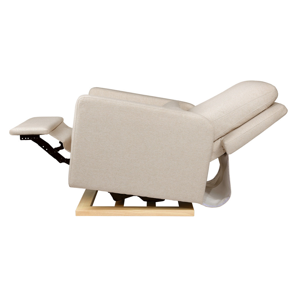 Side view of reclined Babyletto Sigi Glider Recliner in -- Color_Performance Beach Eco-Weave with Light Wood Base