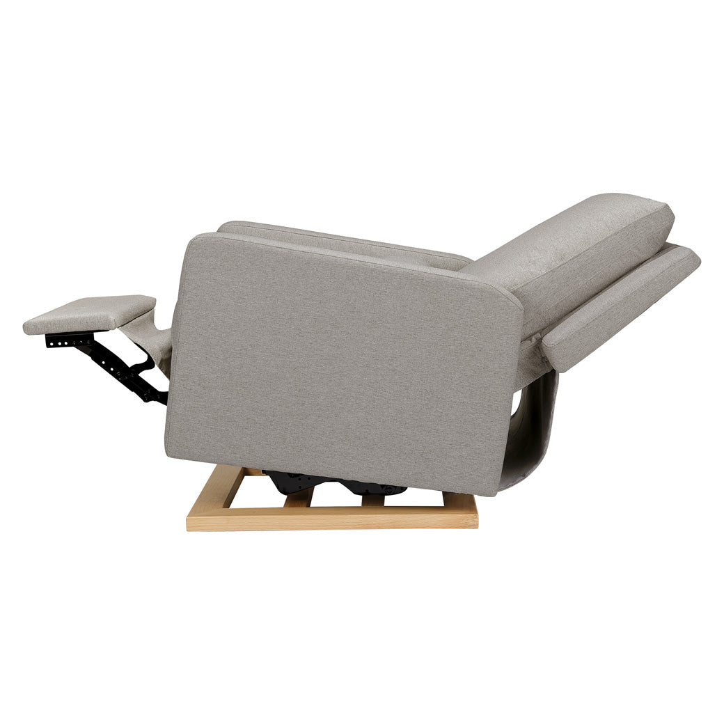 Side view of reclined Babyletto Sigi Glider Recliner in -- Color_Performance Grey Eco-Weave with Light Wood Base