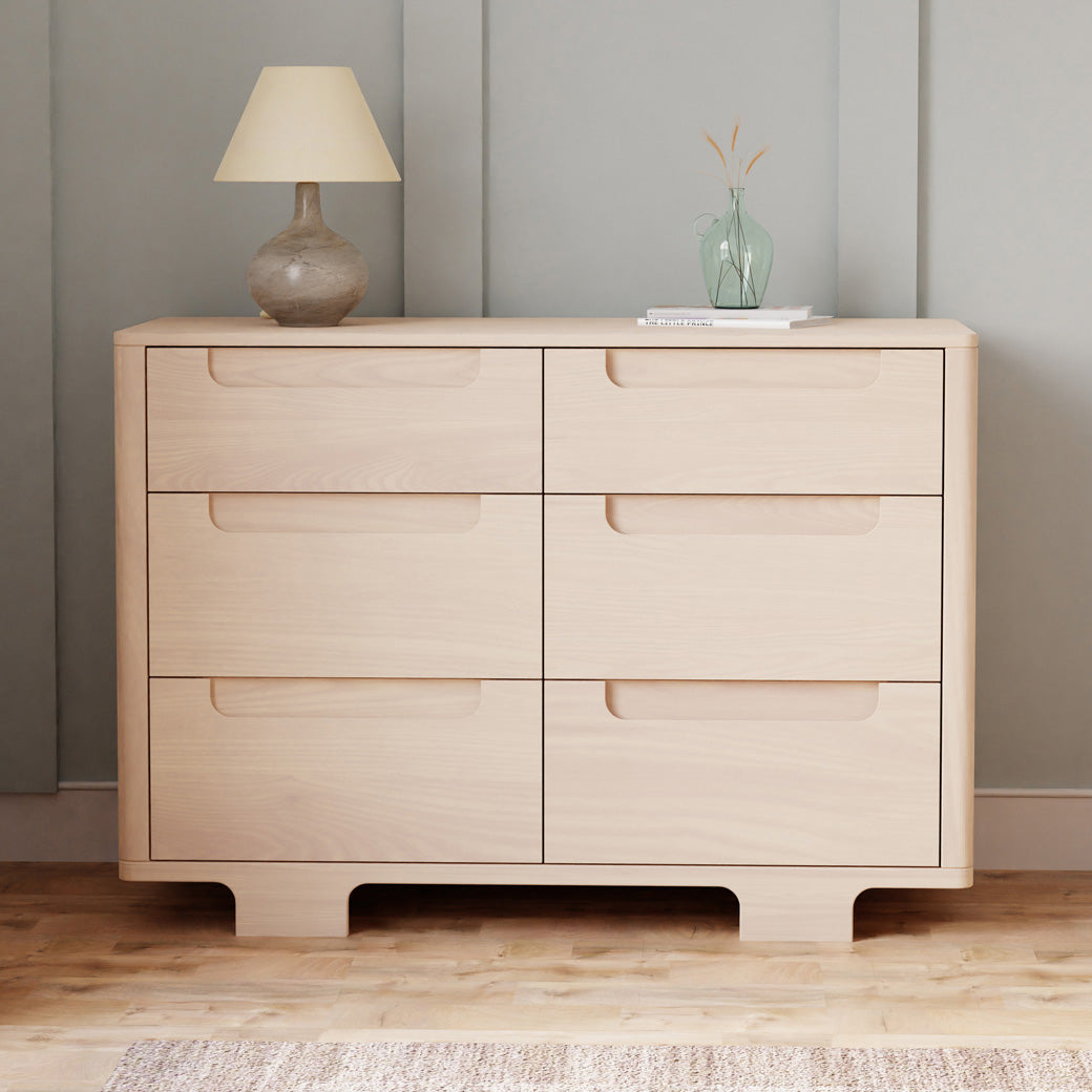 Front view of Babyletto Yuzu 6-Drawer Dresser with lamp and vase on top  in -- Color_Washed Natural