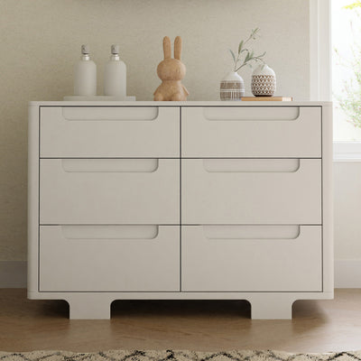 Front view of Babyletto Yuzu 6-Drawer Dresser with items on top  in -- Color_White