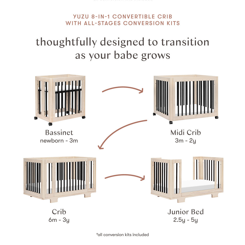 Conversion features of Babyletto's Yuzu 8-In-1 Convertible Crib With All Stages Conversion Kits in -- Color_Washed Natural / Black