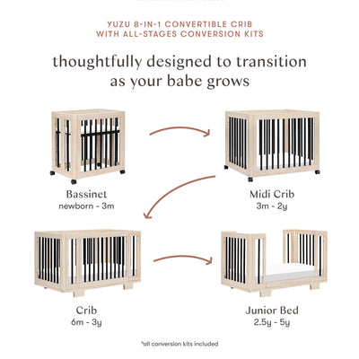 Conversion features of Babyletto's Yuzu 8-In-1 Convertible Crib With All Stages Conversion Kits in -- Color_Washed Natural / Black