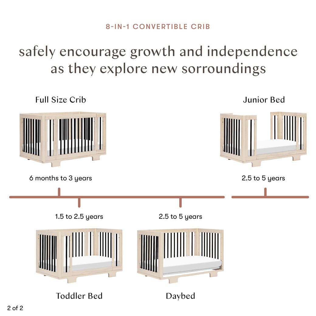 Age chart for Babyletto's Yuzu 8-In-1 Convertible Crib With All Stages Conversion Kits in different stages in -- Color_Washed Natural / Black