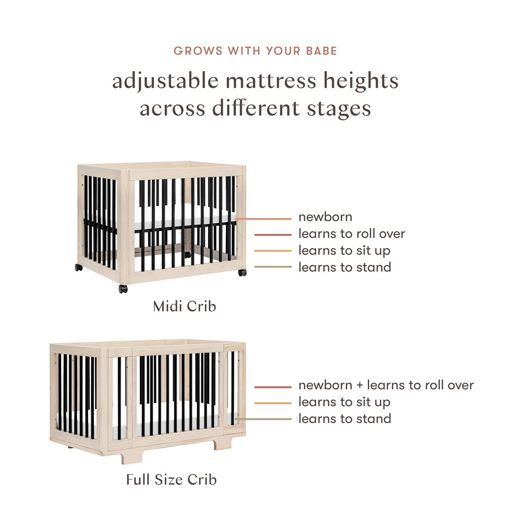 Mattress heights for Babyletto's Yuzu 8-In-1 Convertible Crib With All Stages Conversion Kits in -- Color_Washed Natural / Black