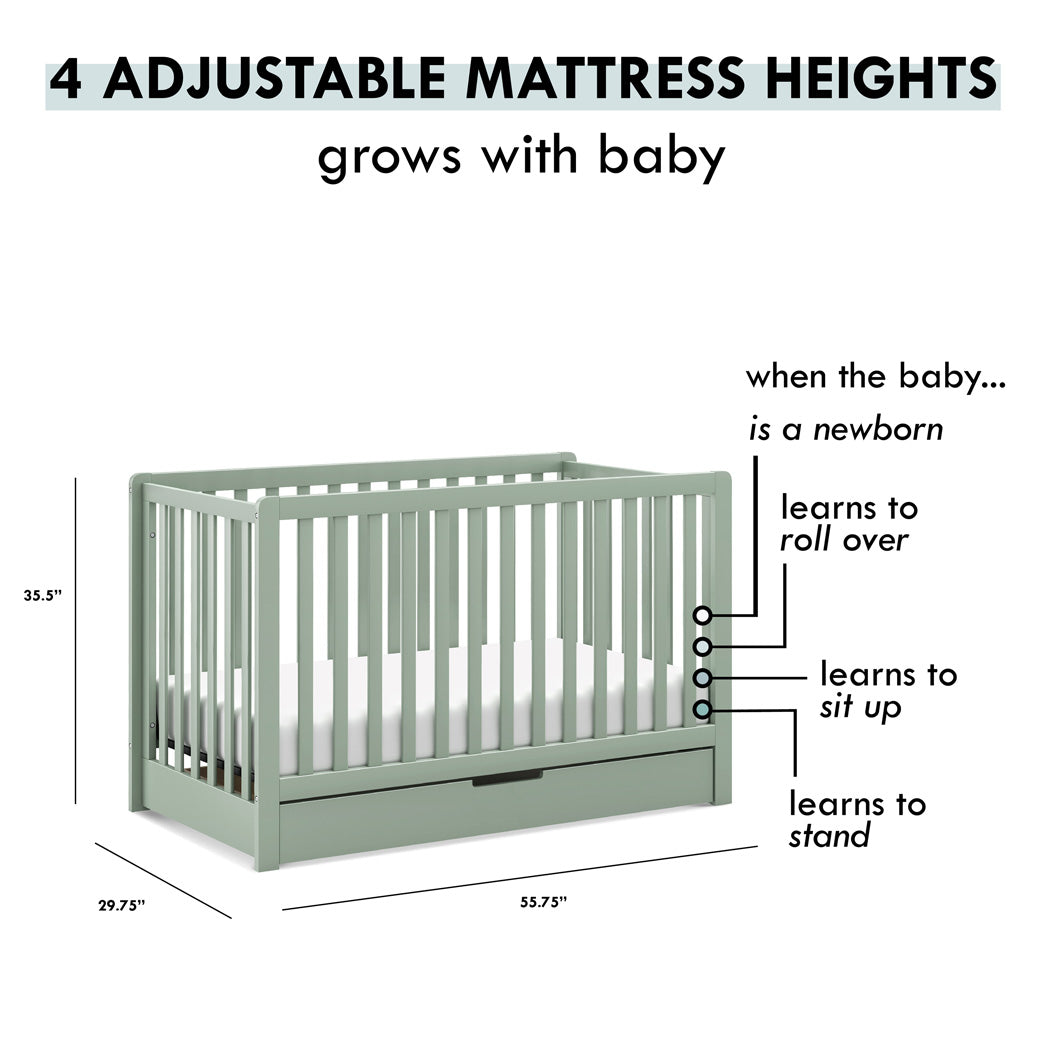Adjustable mattress heights of Carter's by DaVinci Colby 4-in-1 Convertible Crib with Trundle Drawer in -- Color_Light Sage