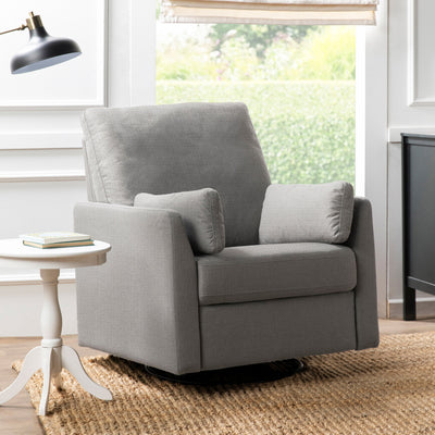 Carter's by DaVinci Ethan Recliner and Swivel Glider next to a coffee table in -- Color_Performance Grey Linen
