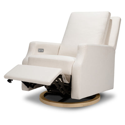 Namesake's Crewe Electronic Recliner & Swivel Glider with the footrest up  in -- Color_Performance Cream Eco-Weave with Light Wood Base