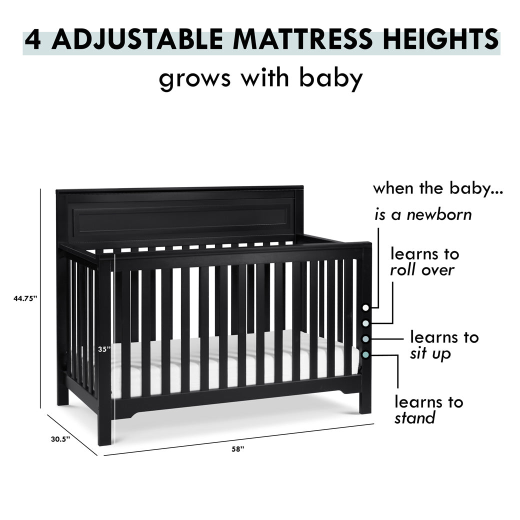 Adjustable mattress heights of the DaVinci Autumn 4-in-1 Convertible Crib in -- Color_Ebony