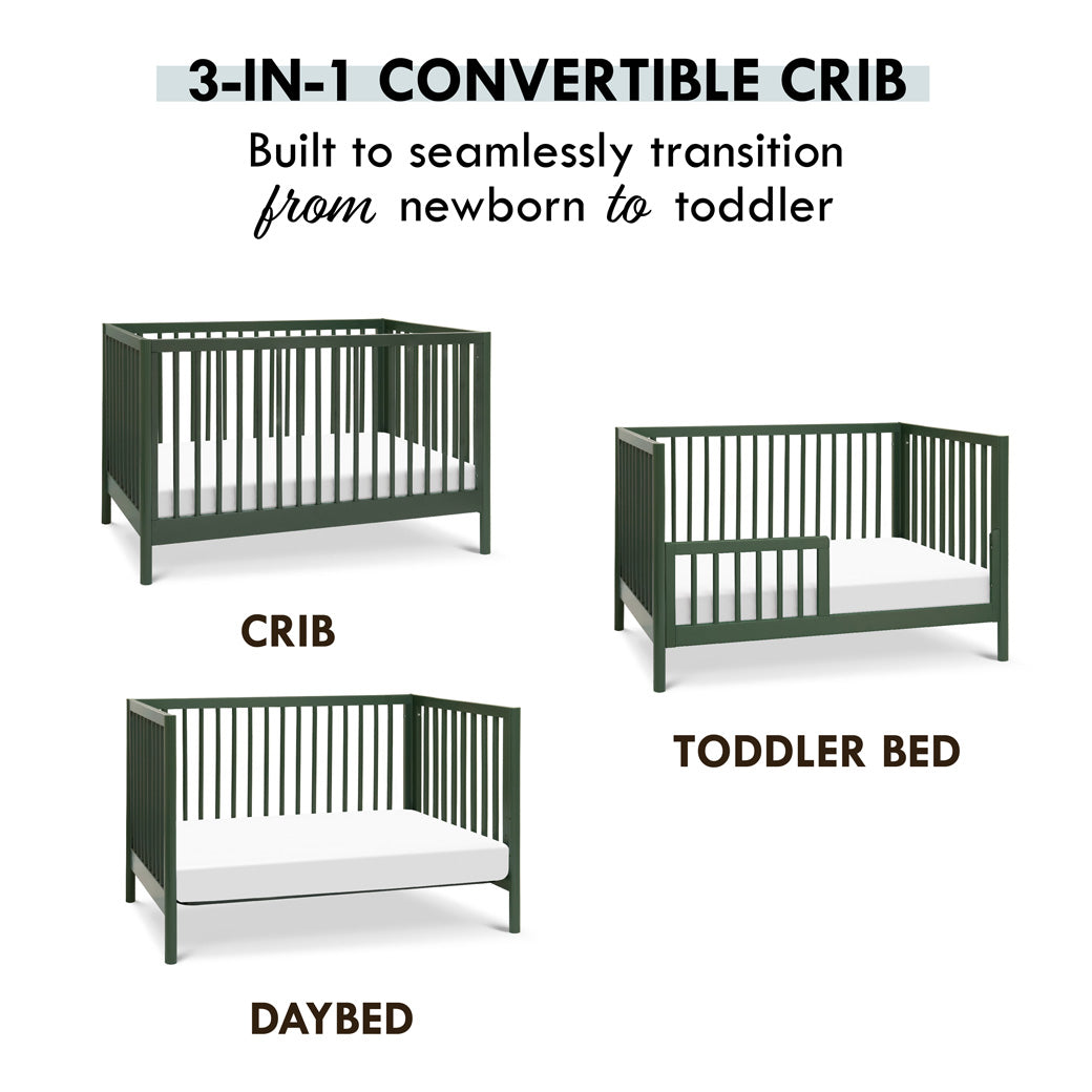 Conversion features of DaVinci Birdie 3-in-1 Convertible Crib in -- Color_Forest Green