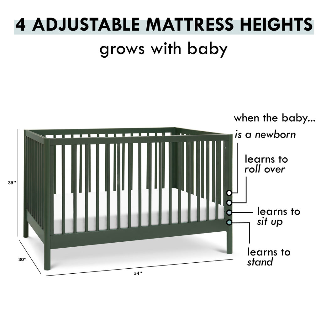 Mattress adjustability of DaVinci Birdie 3-in-1 Convertible Crib in -- Color_Forest Green
