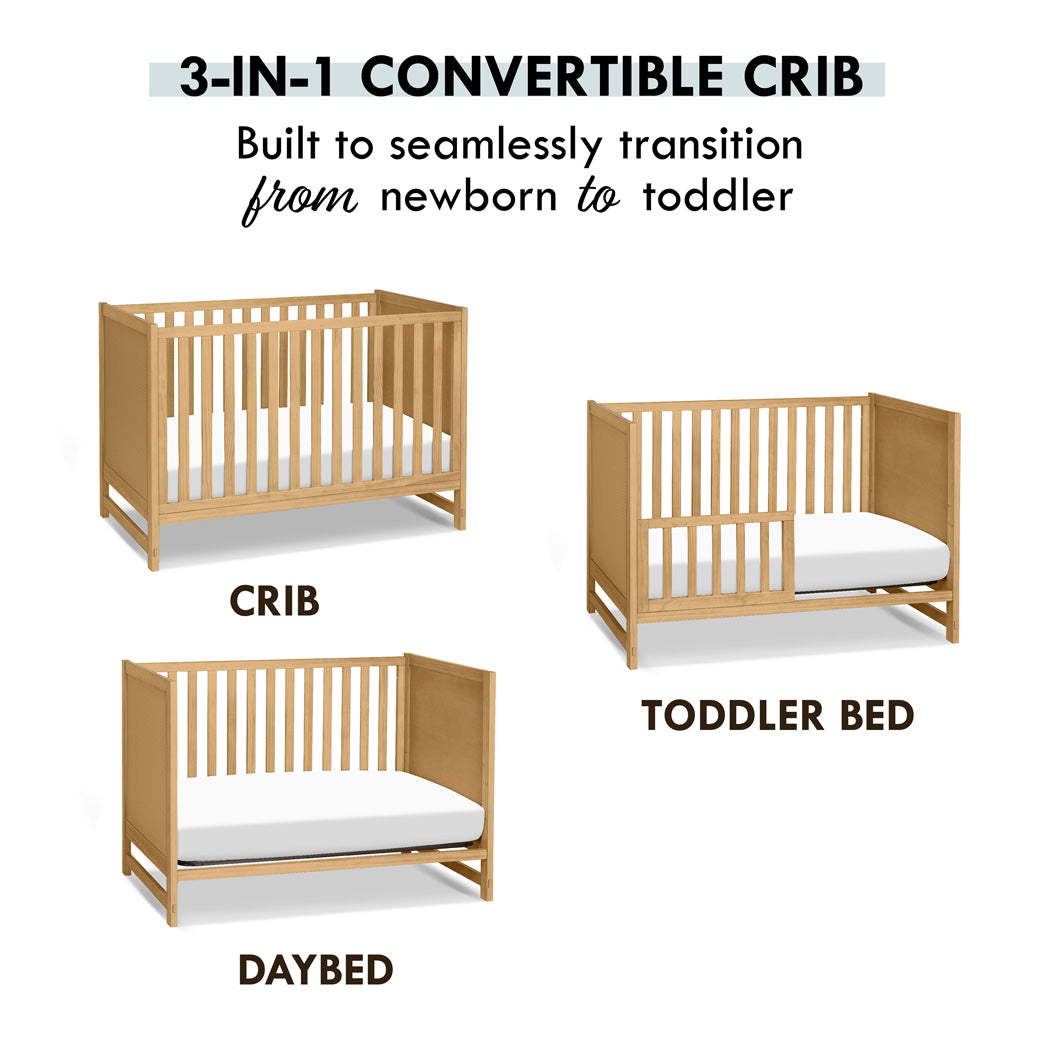 Conversion features of DaVinci Margot 3-in-1 Convertible Crib in -- Color_Honey
