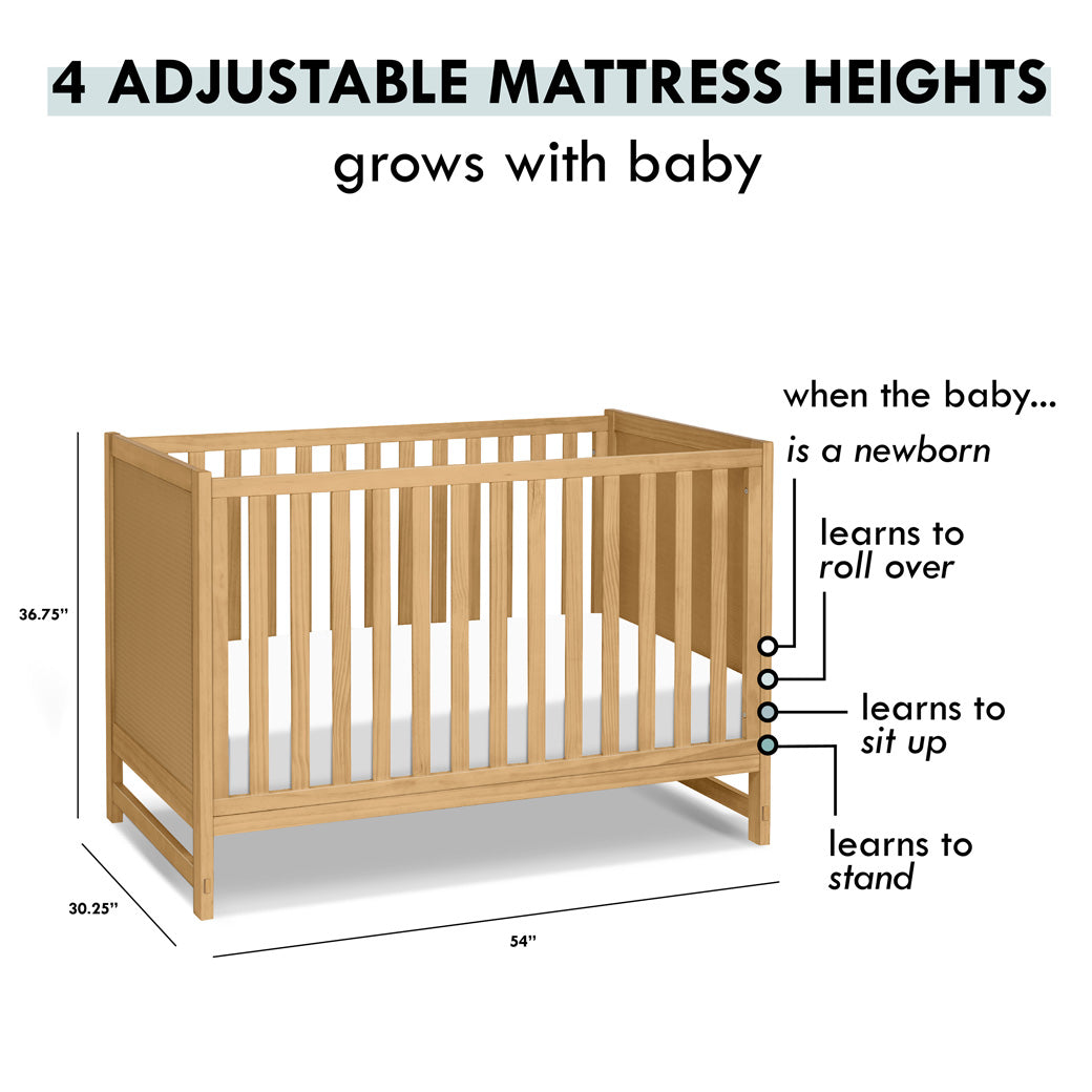 Features of adjustable mattress heights of DaVinci Margot 3-in-1 Convertible Crib in -- Color_Honey