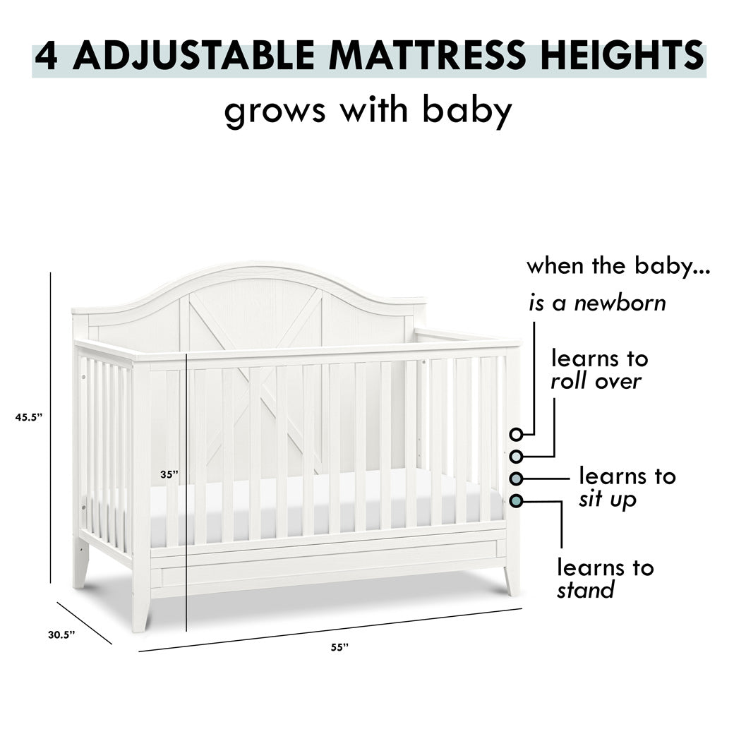 Adjustable mattress heights of DaVinci Sawyer Farmhouse 4-in-1 Convertible Crib in -- Color_Heirloom White