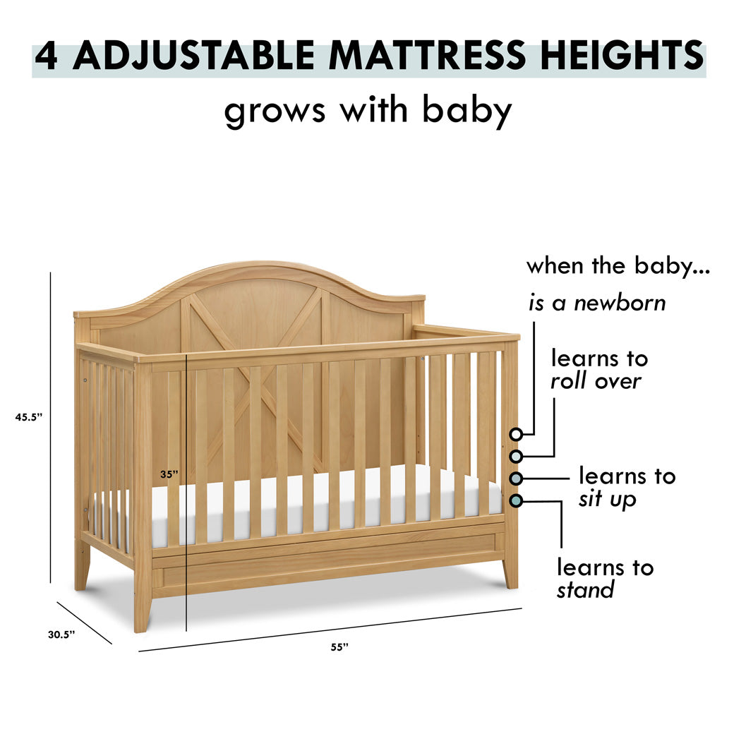 Adjustable mattress heights of DaVinci Sawyer Farmhouse 4-in-1 Convertible Crib in -- Color_Honey