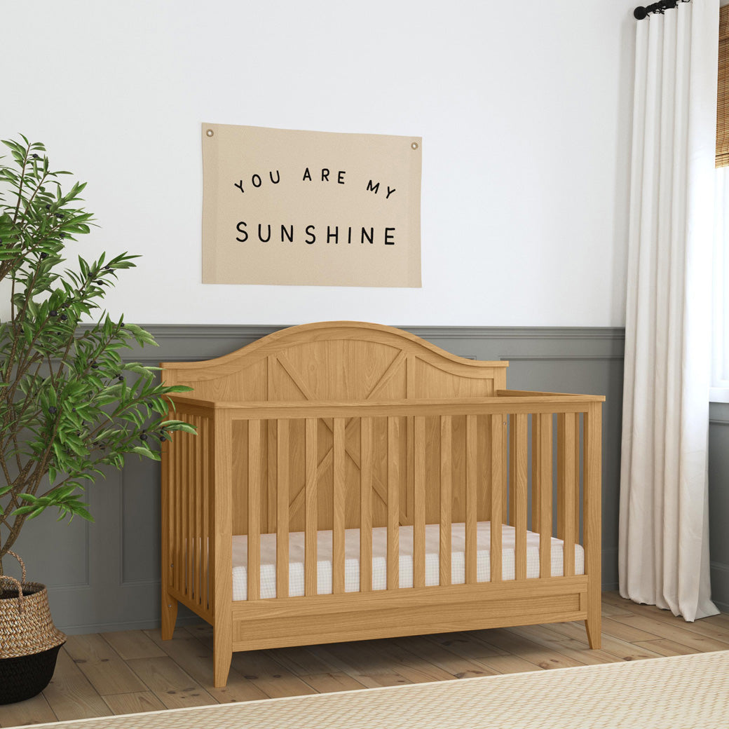 DaVinci Sawyer Farmhouse 4-in-1 Convertible Crib next to a plant and window  in -- Color_Honey
