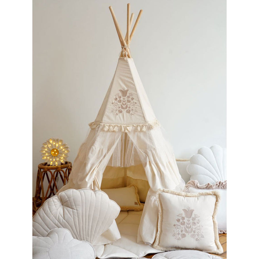 indoor teepee tent “Boho” Teepee Tent with Frills and Embroidery
