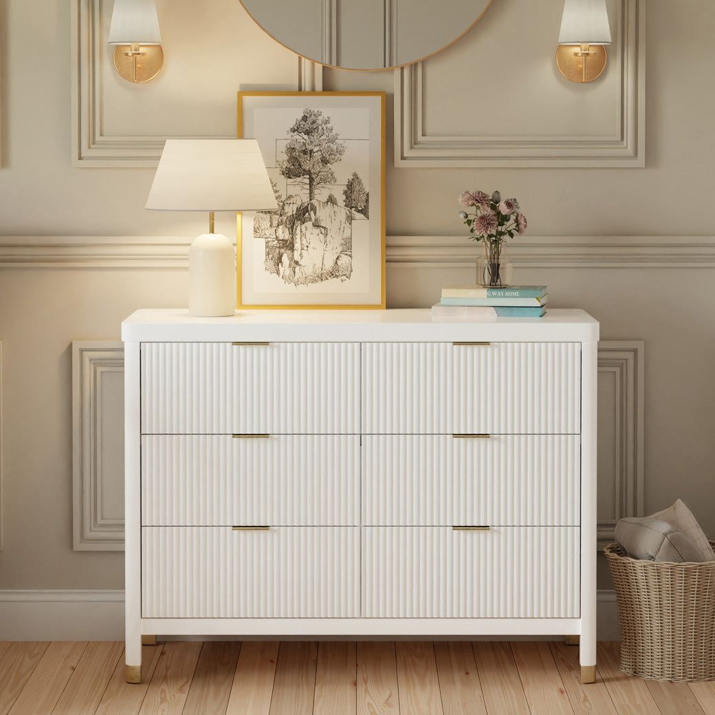 Front view of Namesake Brimsley 6-Drawer Dresser with lamp and items on top  in -- Color_Warm White
