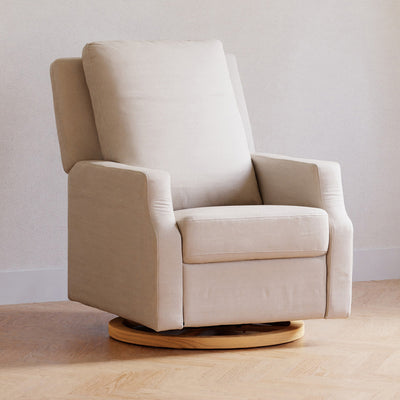 Namesake's Crewe Electronic Recliner & Swivel Glider in a room  in -- Color_Performance Cream Eco-Weave with Light Wood Base