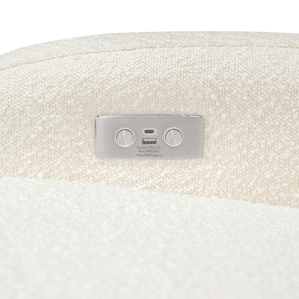 The Babyletto Nami Glider Recliner USB port in -- Color_Ivory Boucle With Light Wood Base