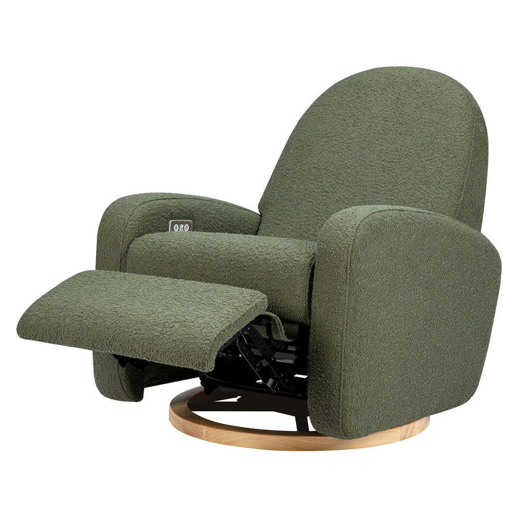 The Babyletto Nami Glider Recliner with footrest up in -- Color_Olive Boucle with Light Wood Base