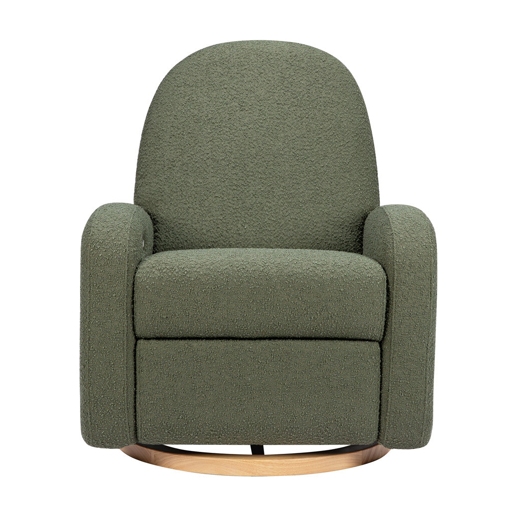Front view of The Babyletto Nami Glider Recliner in -- Color_Olive Boucle with Light Wood Base