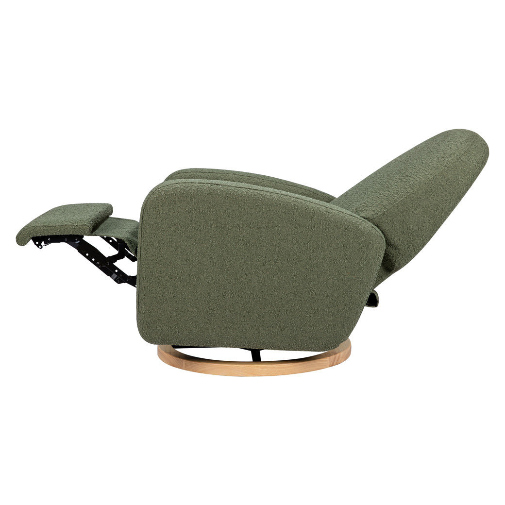 Side view of fully reclined The Babyletto Nami Glider Recliner in -- Color_Olive Boucle with Light Wood Base