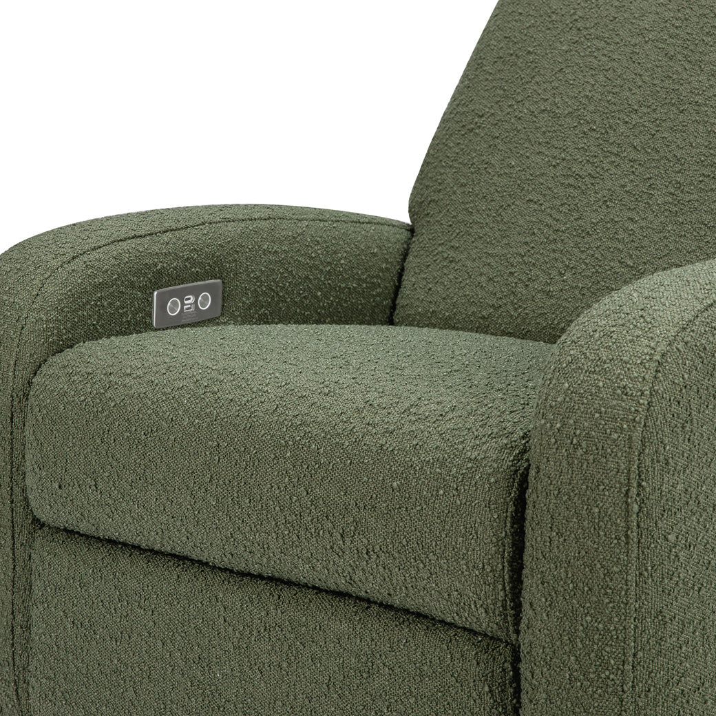 The Babyletto Nami Glider Recliner seat closeup in -- Color_Olive Boucle with Light Wood Base