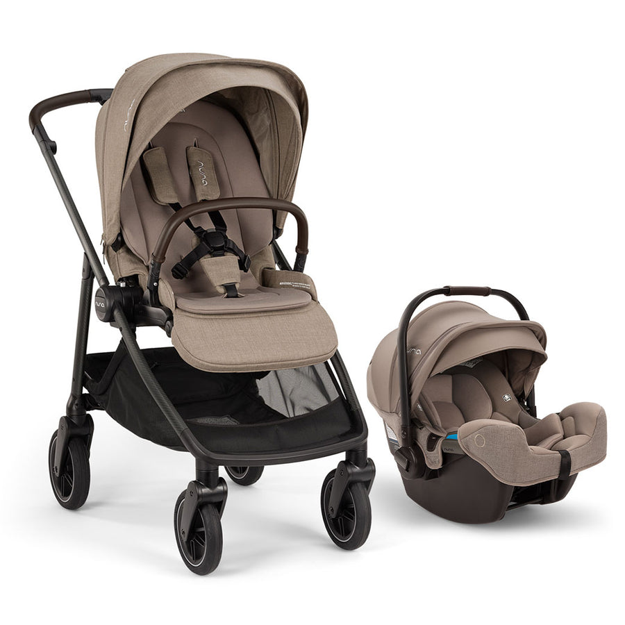 travel system stroller for girl Nuna Swiv + PIPA Aire with PIPA Series Base Travel System biscotti\/caviar