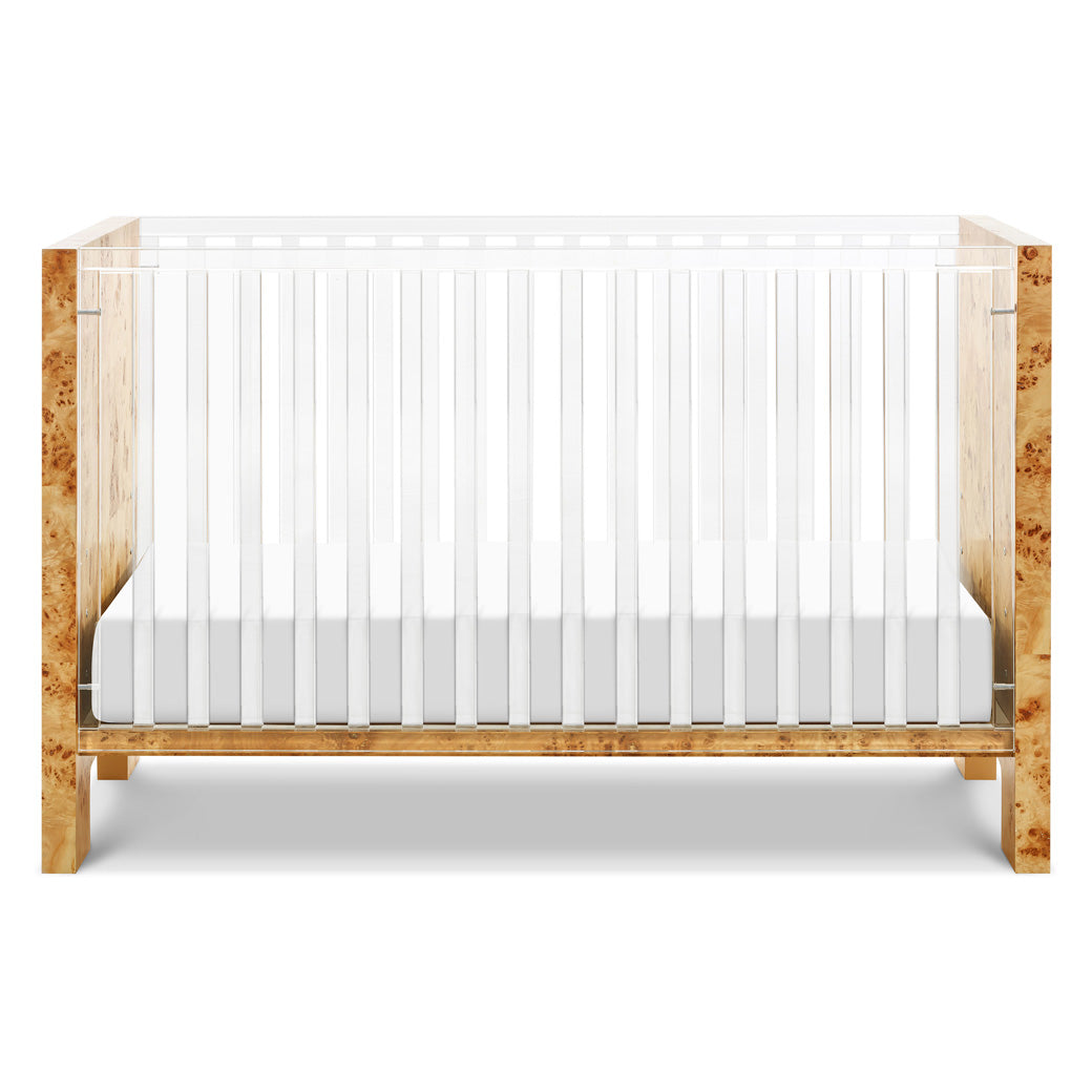 Front view of Nursery Works Altair Crib in -- Color_Clear Acrylic with Burl