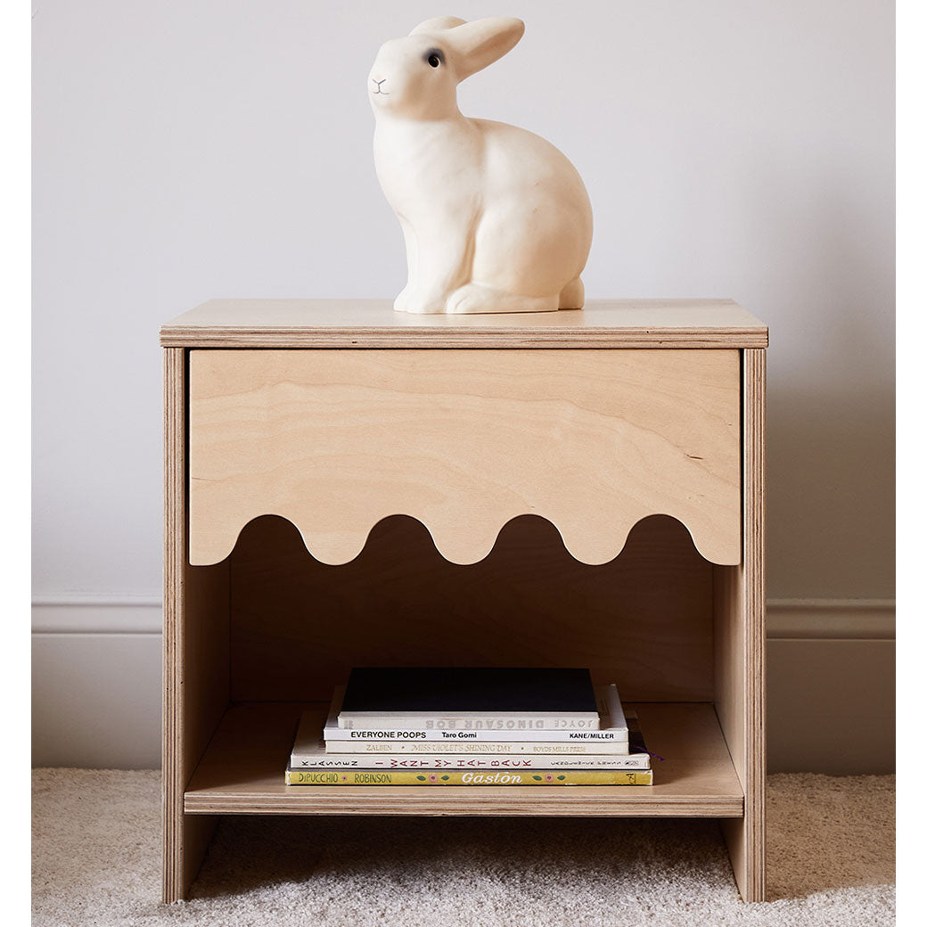 Oeuf Moss Nightstand with a bunny statue on top  in -- Color_Birch