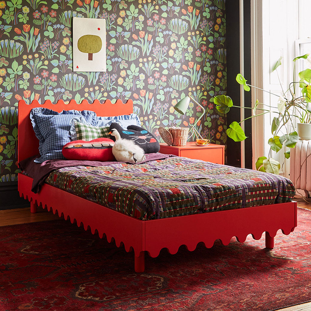 Oeuf Moss Twin Bed with colorful bedding and pillows  in -- Color_Tomato