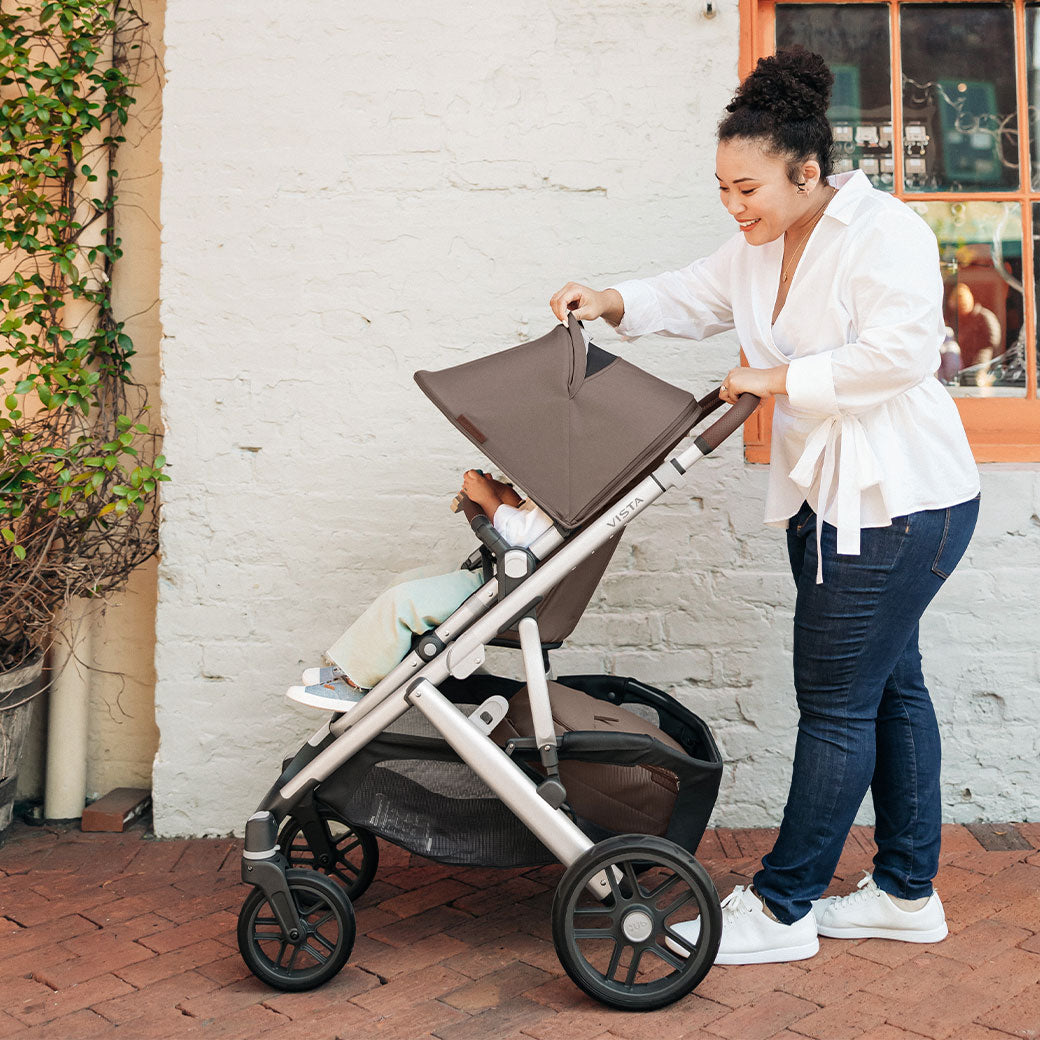 Mommy pushing a baby on the street in the Uppababy Vista V2 in -- Color_Theo