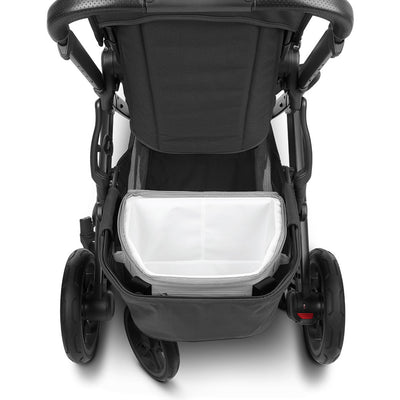 Closeup of open UPPAbaby Bevvy Stroller Basket Cooler in the back of a stroller