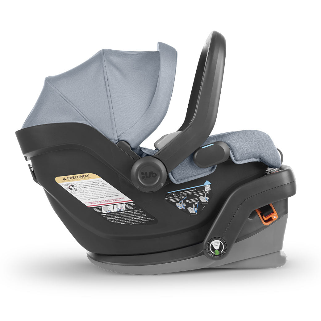 Side view of UPPAbaby MESA V2 Infant Car Seat with the handle in the middle in -- Color_Gregory