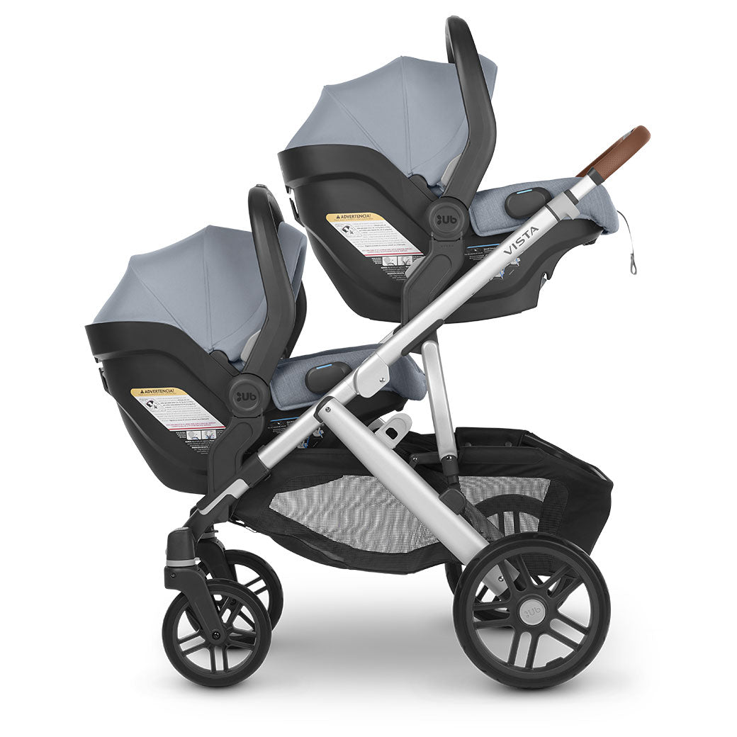 Side view of UPPAbaby MESA V2 Infant Car Seat on a Vista V2 stroller with two infant seats  in -- Color_Gregory