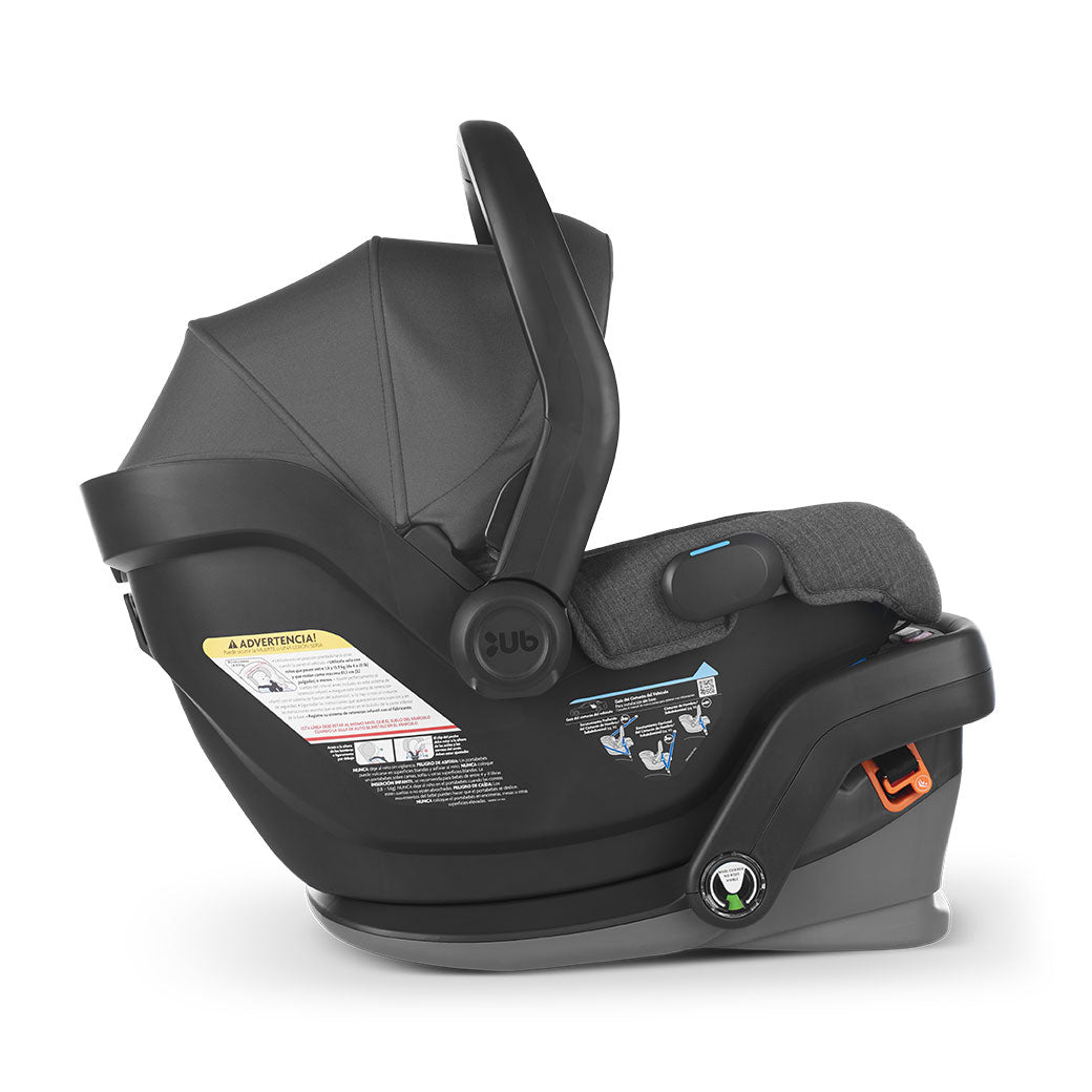 Side view of UPPAbaby MESA V2 Infant Car Seat with handle up in -- Color_Greyson
