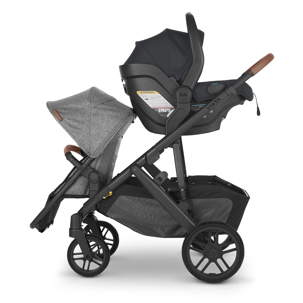 Side view of UPPAbaby MESA V2 Infant Car Seat on Vista V2 stroller with seat turned to the front  in -- Color_Greyson