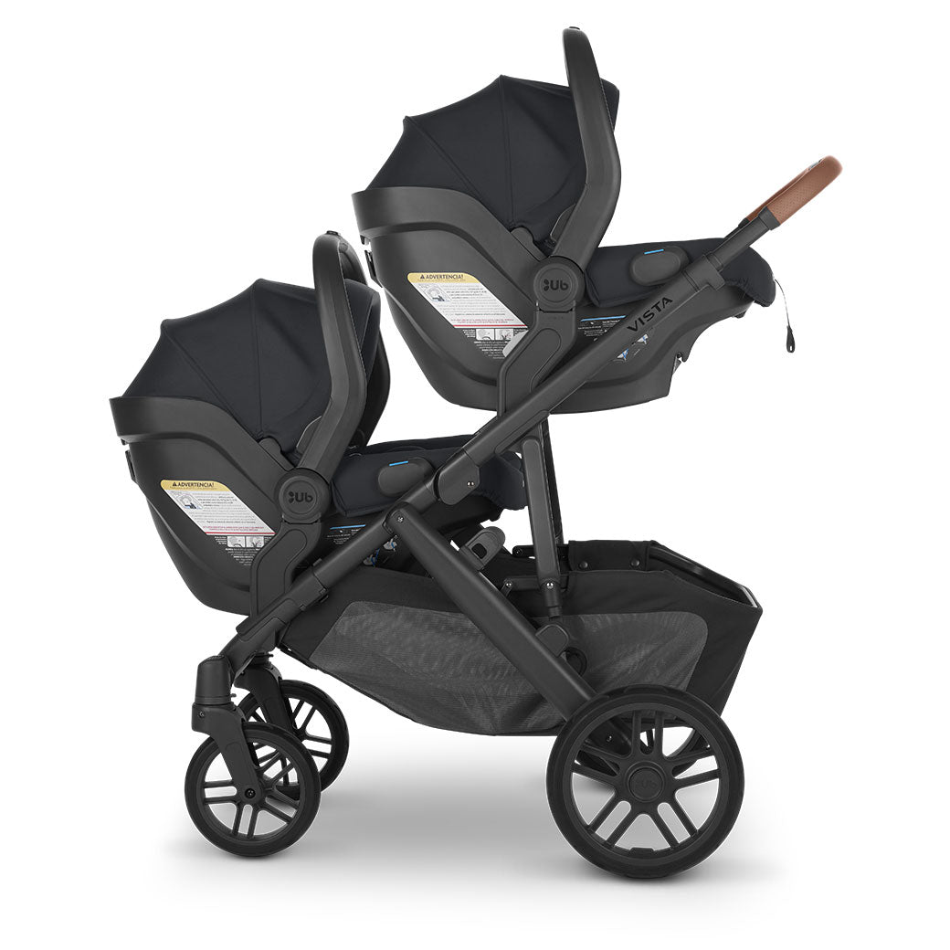 Side view of UPPAbaby MESA V2 Infant Car Seat on a Vista V2 stroller with two infant seats  in -- Color_Greyson