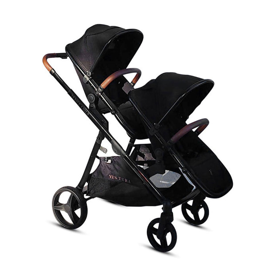 black and red stroller with car seat Venice Child Ventura Single to Double Sit-And-Stand Tandem Stroller with 2nd Toddler Seat