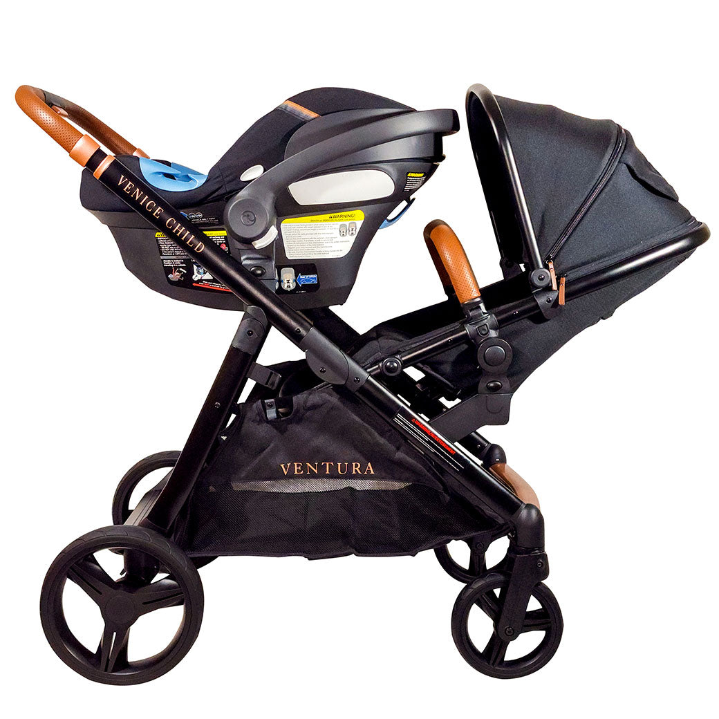 Side view of Venice Child Ventura Single to Double Sit-and-Stand Stroller with car seat in -- Color_Midnight